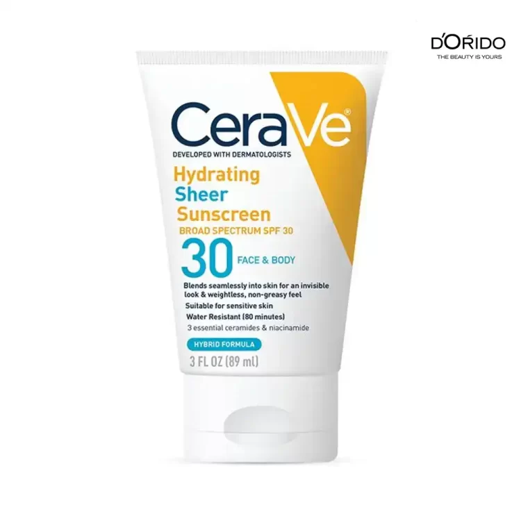 کرم ضد آفتاب و آبرسان صورت و بدن بی رنگ سراوی مدل CeraVe Hydrating Sheer Sunscreen Broad Spectrum SPF 30 for Face & Body حجم 89 میل